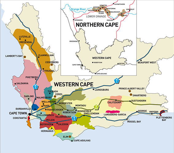carte des régions viticoles de l'Afrique du sud 